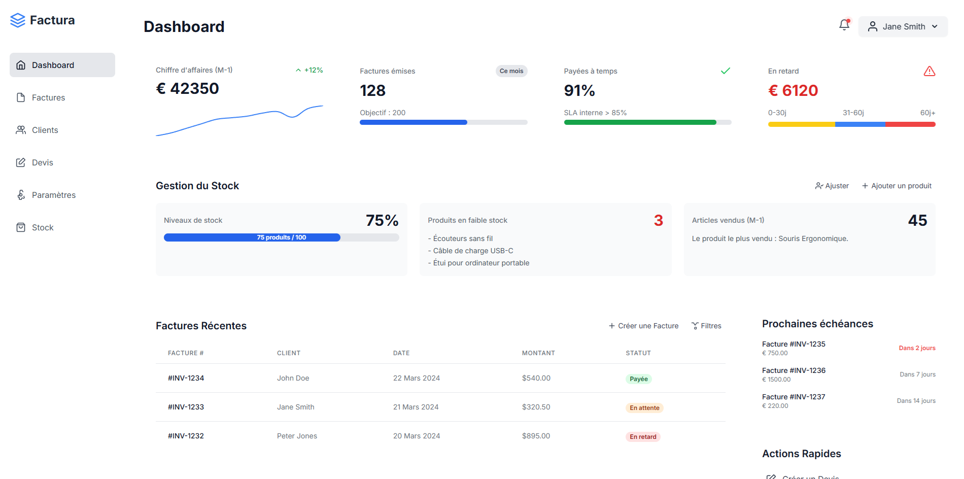 Interface de l'application de facturation